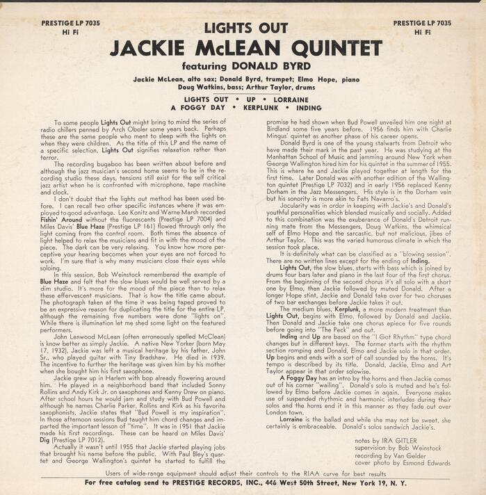 The Jackie McLean Quintet with Donald Byrd and Elmo Hope – Lights Out! album art 2