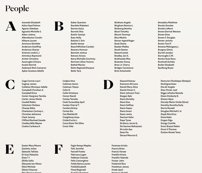 The directory of fellows contrasts the entries in a small size of Kit Sans Medium with large caps from Eiko Heavy.