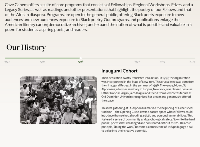 The History section has a title in Eiko, while the timeline labels feature the oldstyle figures from Kit Sans.