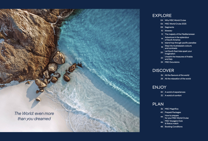 Advertising brochure MSC World Cruise January/May 2025, pages 2–3