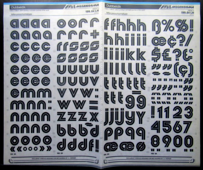 A double sheet of Dubbeldik in 84pt for dry transfer lettering. The glyph set includes alternates for a l r y as well as a ligature for the Dutch ĳ digraph.