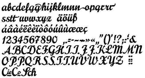 Character set of Prägefest — image courtesy of the late Georg Kraus AKA Bleisetzer. Kandler: “Another novelty was the relocation of the lowercase entry strokes onto the cap sorts, avoiding annoying overhangs.” Apart from the variants with high and low connector, the font includes alternates for ‘r’ and ‘M’; swash terminal forms for ‘g’, ‘n’, ‘r’, ‘t’; ligatures for ‘Sch’ (a common German trigraph, with a different ‘S’), ‘Cie’ (Compagnie) and ‘Co’ (Company). A different specimen additionally shows an alternate ‘H’ with closed top loop, a non-descending ‘P’ with minimal bowl, and ligatures for ‘ch’, ‘ck’, ‘ff’, ‘ss’.