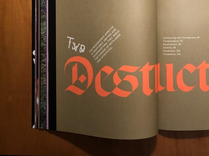 “Destuct” is set in , “Two” uses  and the small type is .