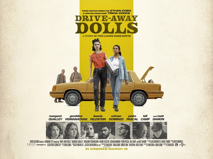 Secondary fonts used on this poster include  for the tagline “A story of two ladies going south”,  Bold Italic for the names, and  for the credits. The wide sans at the very top and bottom was identified as , see comments.
