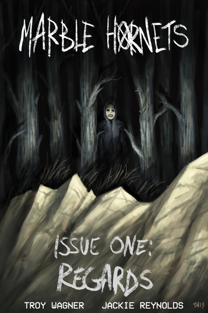 Front cover of the first comic for Marble Hornets. Camcorder is used for the names.