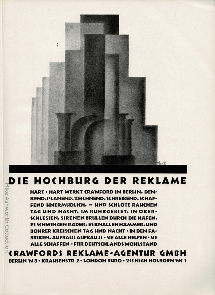 “Die Hochburg der Reklame” ad by Crawfords Reklame-Agentur