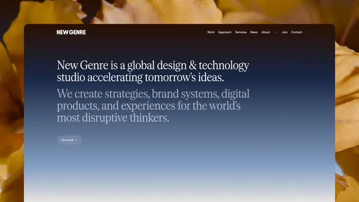 The New Genre studio website homepage, featuring Displaay Serrif