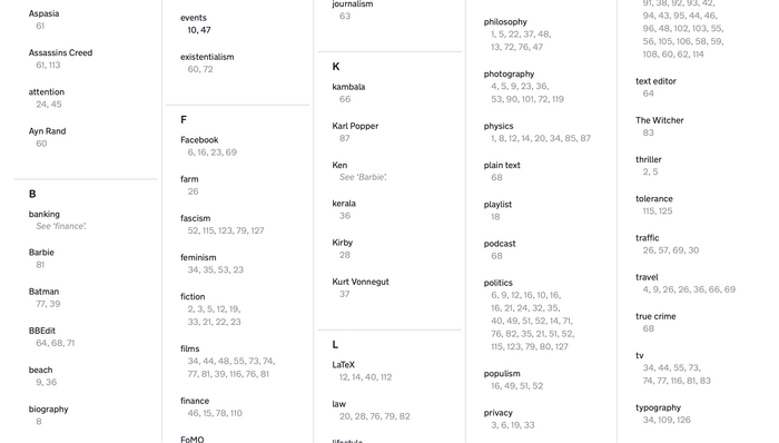 The index page is set primarily in New Transport.