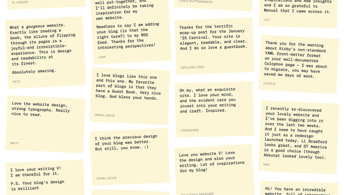 Söhne Mono Buch is used on sticky notes on the Guestbook to add a playful element.