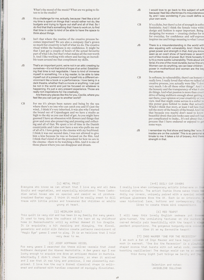 All three typefaces used within a page, Mercure noting Cecilie in the conversation, questions set in Monument, and notes on the bottom set in Theran Halo.