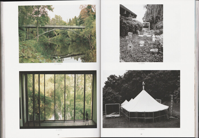 Theran Halo used to show time stamps within the spread, while page numbering is set in Mercure
