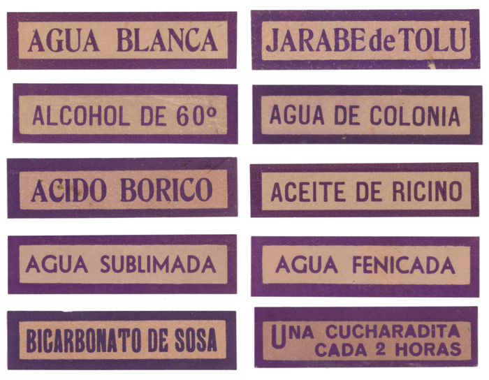 Rows 1–3:  estrecha negra (serif) and an unidentified sans
Row 4: 
Row 5: “Bicarbonato de sosa” is in an unidentified typeface that has several glyphs in common with Roundhead and is also very close to  (but with asymmetrical T). “Una cucharadita cada 2 horas” is in  Bold ().