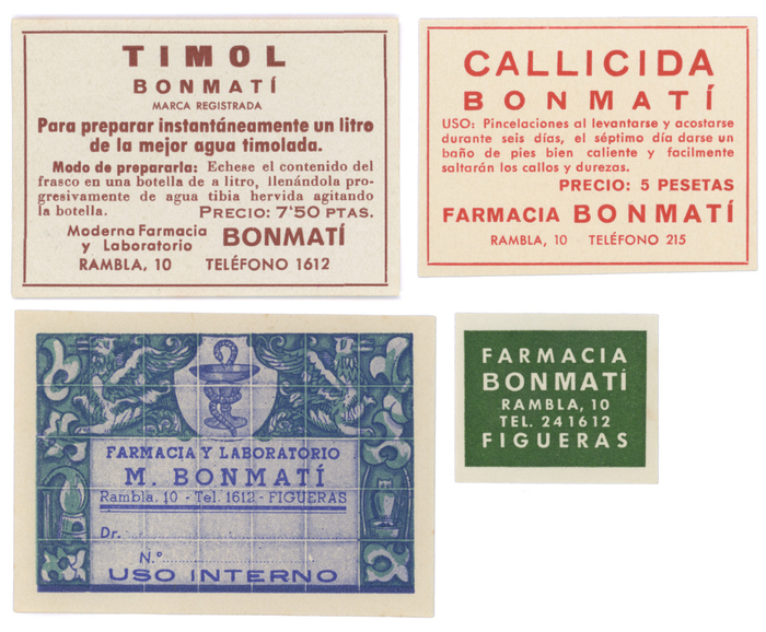 Top left (“Timol”): a local version of  (Grotesca ancha by Gans, Grotesca negra by FTN, or Fette Grotesk by Bauer), ,  chupada negra, , and a local version of  (Helénica ancha by Gans or Espartana estrecha by FTN)

Top right (“Callicida”): an unidentified wide grotesk, , 

Bottom left: both weights of ,  Italic, , and a fine 

Bottom right:  and 