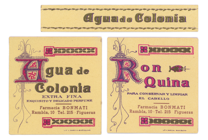 Lithographic labels by J. Garcia printing house, Barcelona. Most text on these is lettering. The address is added in .