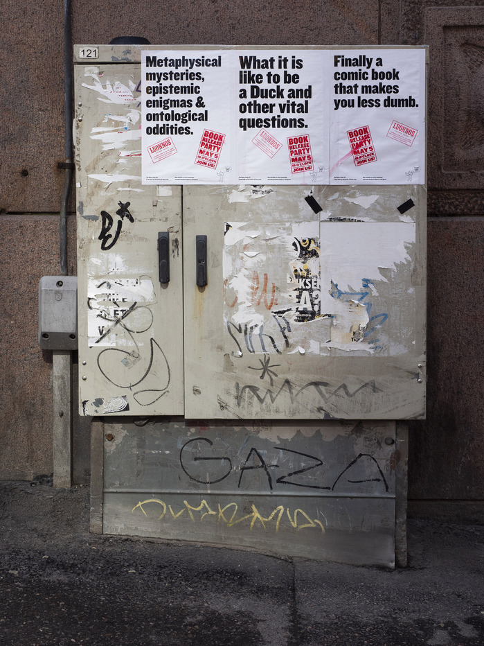 Then one day the streets of Helsinki were flooded by our posters. Note that the posters themselves were done in black and white, and the red was stamped on, as can be seen by the varying positions of the added information.