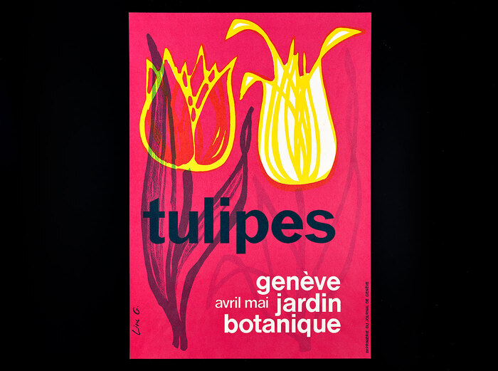 All-lowercase  and  for a poster signed “Line G.”, printing: Imprimerie du Journal de Genève