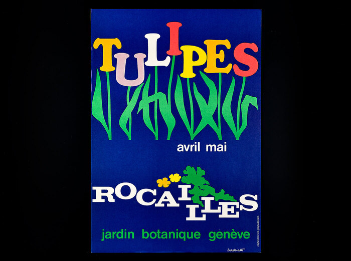 Hand-rendered (?)  with non-standard forms for U (inspired by ?) and P. “Rocailles” is shown in an unidentified wide slab serif. Volta fett with a trimmed R leg and unbracketed serifs would come close [see also the comments]. This poster is signed “SaskiaW” and was printed by imprimeries populaires. Smaller text is in .