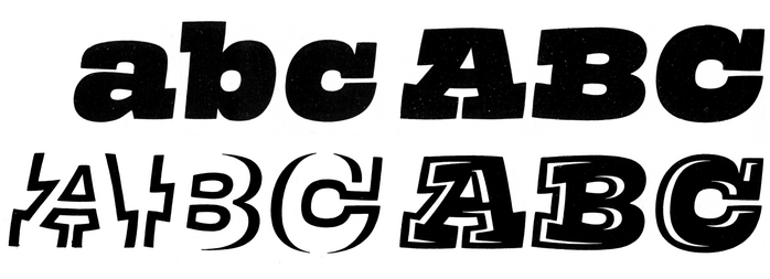 Composite image showing letters from the &ldquo;alphabet in the style of an italic Egyptienne&rdquo; (top row) and two sets of decorative capitals derived from it (bottom row) by , 1966, from Hildegard Korger&rsquo;s Schrift und Schreiben, VEB Fachbuchverlag Leipzig, 1972 (5th edition: 1982)