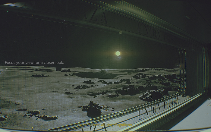 A view outside Union Plaza. The tutorial prompt is the only other HUD element in Routine.