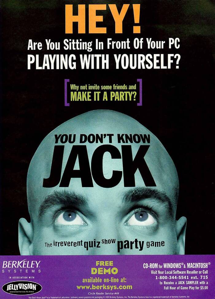 The logo as it appeared in a 1996 ad by Berkeley Systems. The text at the top uses Franklin Gothic Condensed and Extra Condensed. “The irreverent quiz show party game” is in some version of . “Free Demo” and the URL use .