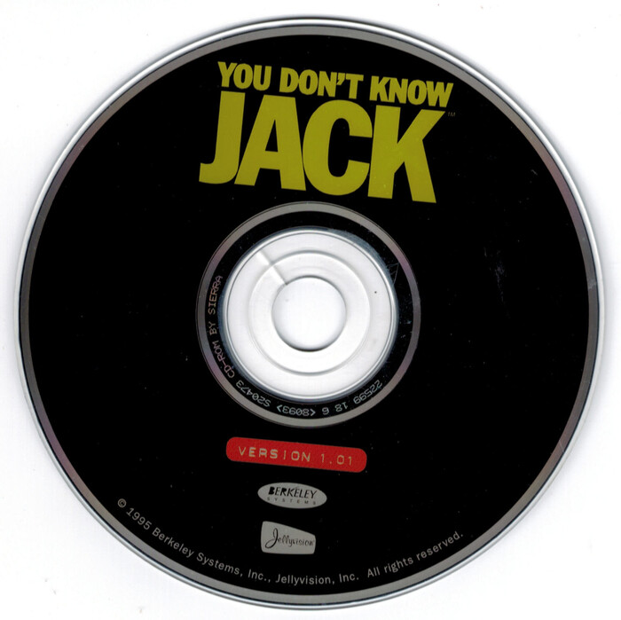The logo as seen on the CD-ROM with You Don't Know Jack version 1.01, © 1995 Berkeley Systems, Inc., Jellyvison Inc. The version number is in .