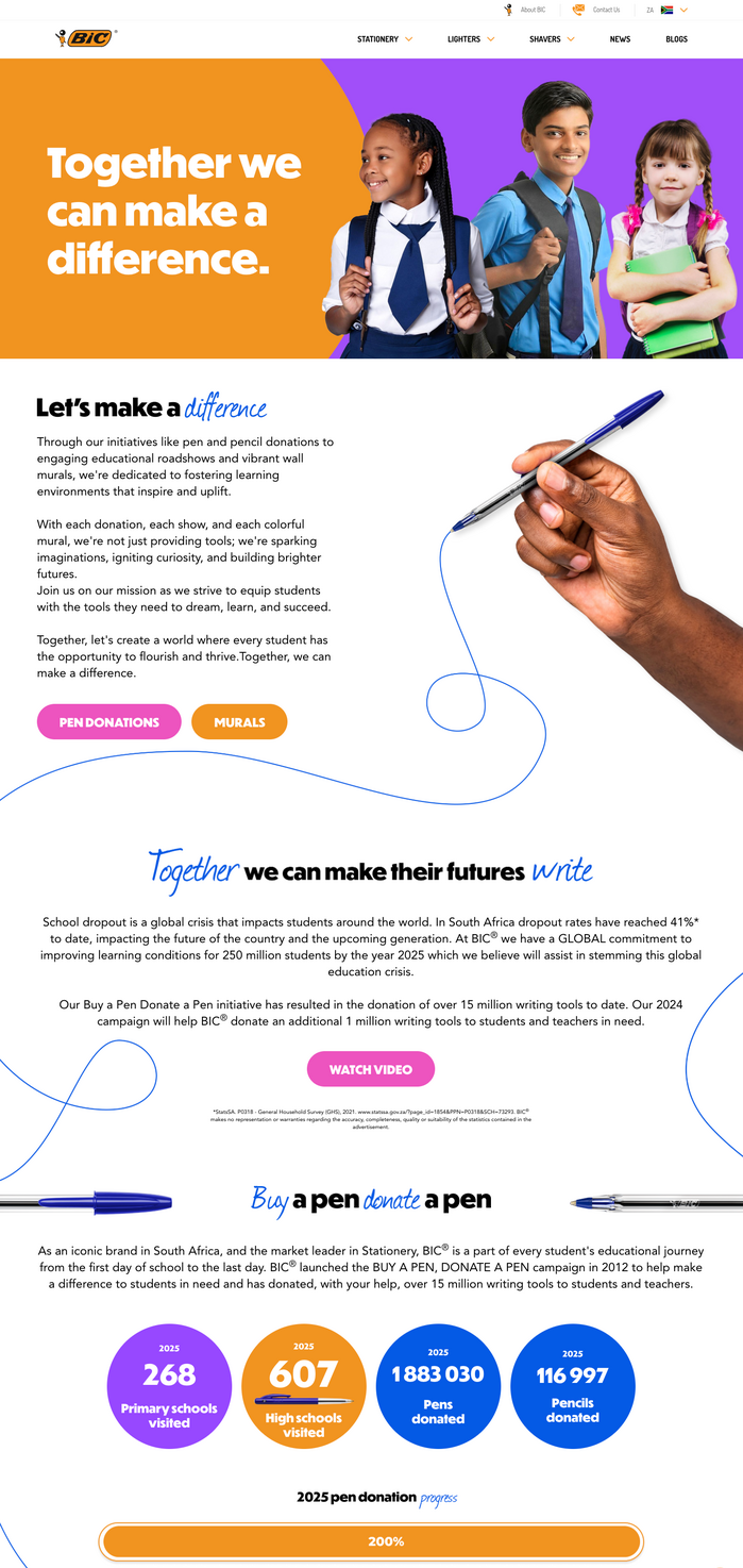 The CSR pen donation initiative page uses  and the handwriting font  in addition to the Dunbar and Montserrat brand fonts.
