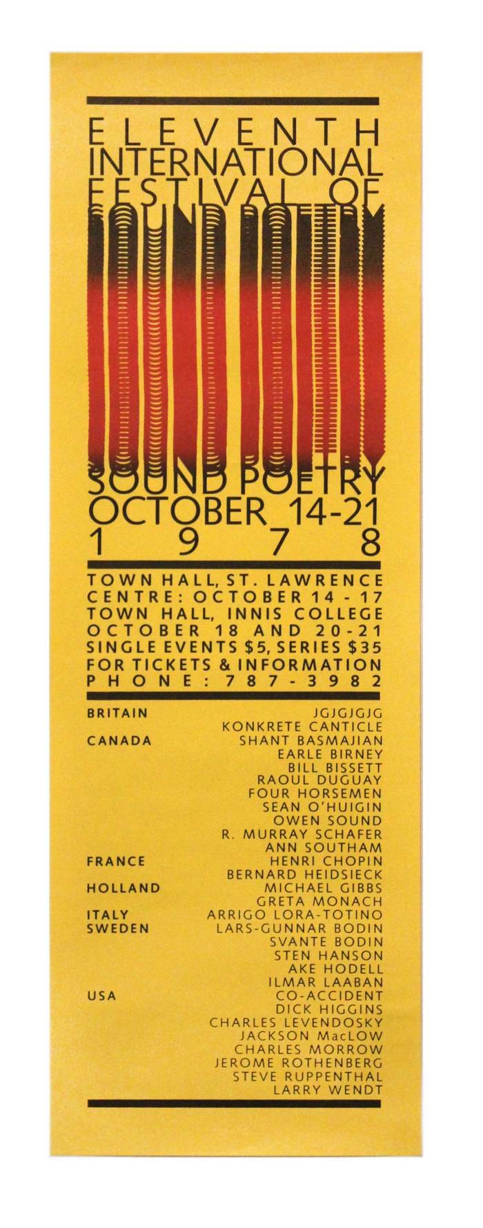 The broadside (approx. 24&frac34;&Prime;&times;8&Prime;) lists the 29 participants including Four Horsemen (Rafael Barreto-Rivera, Paul Dutton, Steve McCaffery, bpNichol).