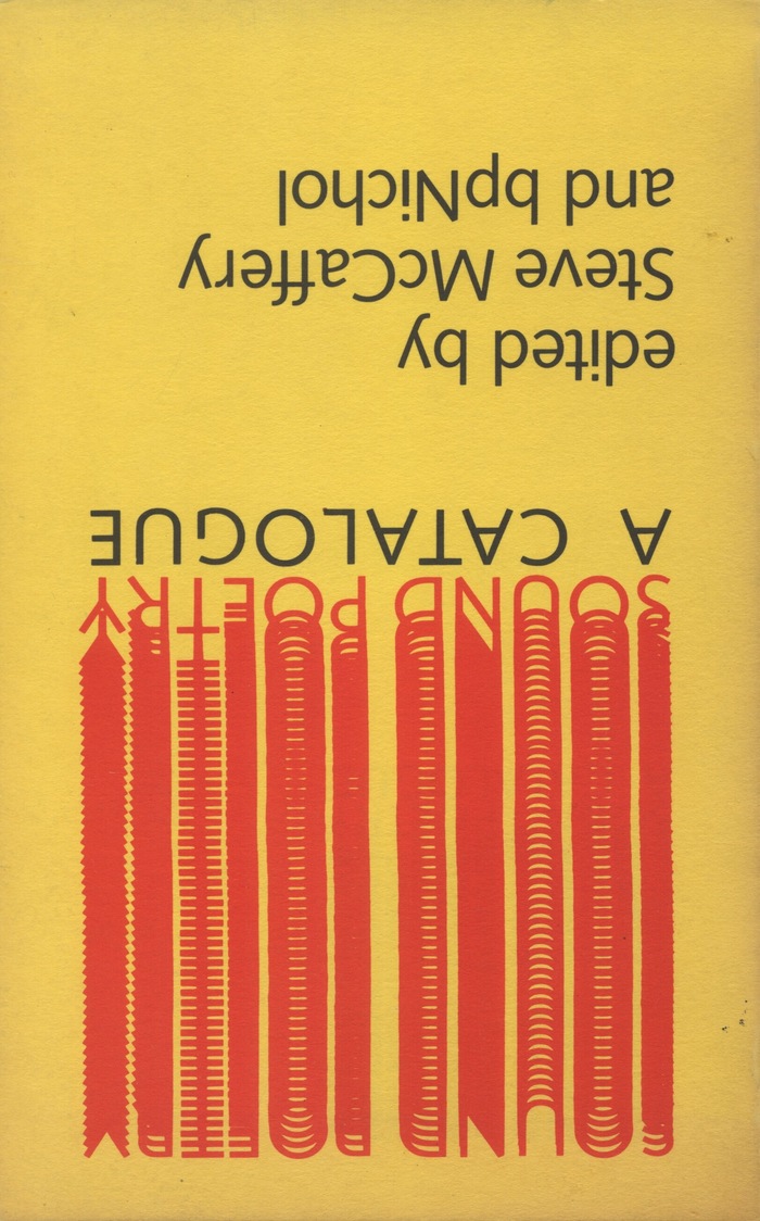 Cover of the catalog (5&frac12;&Prime;&times;8&frac12;&Prime;) edited by Steve McCaffery and bpNichol and published by Underwhich Editions in 1,500 copies