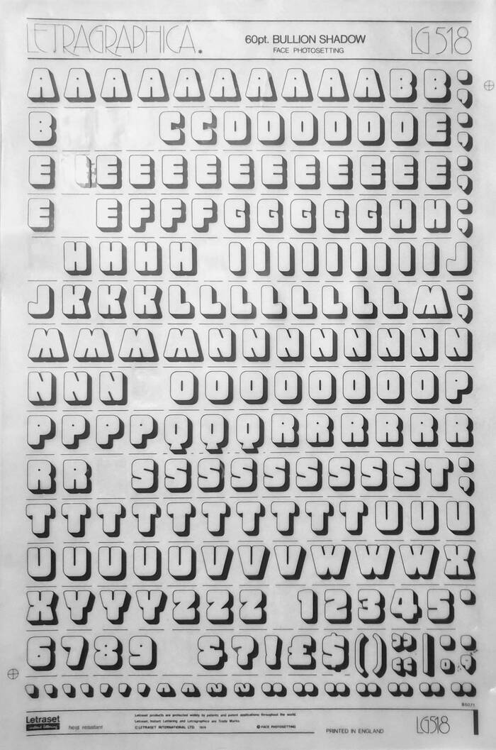 A sheet of 60pt Bullion Shaded as issued in Letraset’s Letragraphica range as LG&nbsp;518