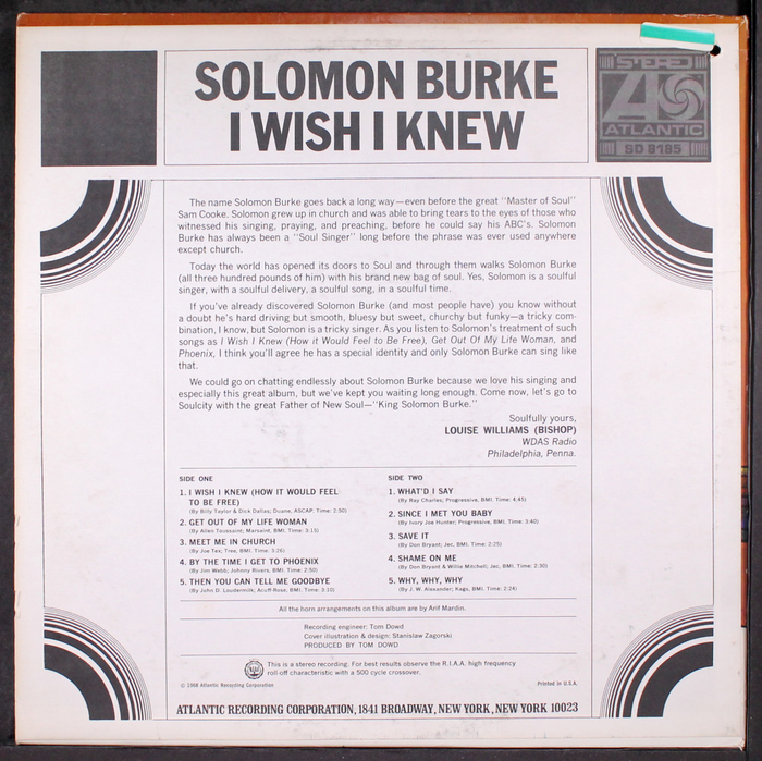 Back cover featuring rainbow motif. Artist name and album title are set in  Condensed. Liner notes by Philadelphia DJ and Pennsylvania representative Rev. Louise Bishop are set in  (regular, bold, italic).