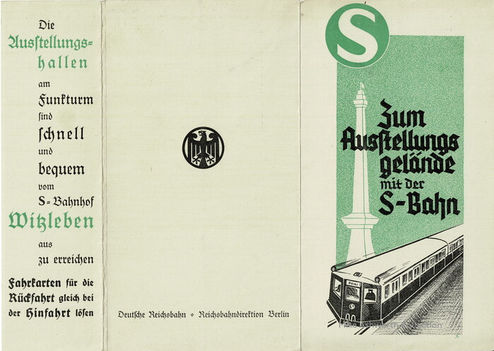 While the title on the front cover is lettering, the blackletter seen on the back and the flap is , used in two weights with both forms for the letter s (see “Ausſtellungshallen”) and the mandatory ligatures for ch, ck, tz. Note that the S in “S-Bahnhof” was added from a bold roman that approximates the logo glyph. ’s Halbfette Lateinisch is a likely source.