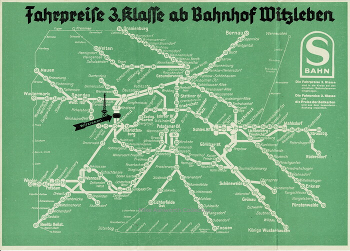 The station names aren’t typeset, but written by hand, in an inclined Blockschrift (cf. ). The fare info underneath the S-Bahn “tombstone” appears to be set in  and .

&nbsp;

The large black heading is written in a simplified textura. Interestingly, the letterforms don’t really follow the model drawn by Friedling in May 1935 for the Deutsche Reichsbahn-Gesellschaft, nor are they particularly close to any of the typefaces of this genre. The F with vertical, descending stem resembles the one in , but other details are off.
