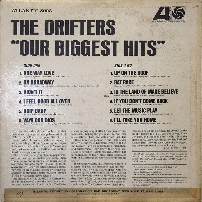 Back cover for Our Biggest Hits. “THE DRIFTERS” and “‘OUR BIGGEST HITS’” are set in  (width stretched to 150%). The track list is set in , with side headers in  (italic) and the writing credits underneath each track set in  (italic). The liner notes, written by Bob Altshuler, are set in  (normal, with song and album titles in italic). The credits, including a typo regarding the catalog number of Save the Last Dance for Me (as Atlantic’s 8000 series only went up to 8305), are also set in Primer (italic). The address info is set in .