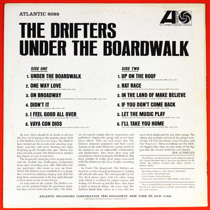 Back cover for Under the Boardwalk. Mostly the same as Our Biggest Hits, except for “‘OUR BIGGEST HITS’” being replaced with “UNDER THE BOARDWALK”. The track list is also different: “Drip Drop” is removed and replaced with “Under the Boardwalk” as the opening track. The catalog number typo in the credits has been fixed.