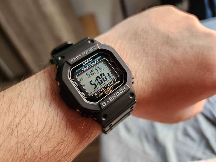My own square G-SHOCK, the G-5600UE-1. This newer model along others also feature a different font design for the date.