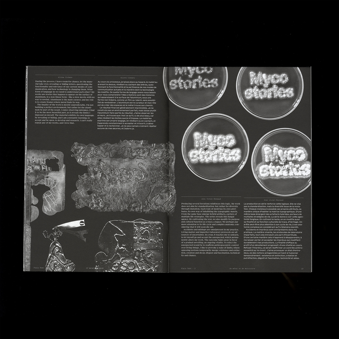 Left page shows works from Aliona Ciobanu (image in the center is a collaboration with designer Stefaniia Bodnia). Right page shows the work of Alec Vivier-Reynaud (featuring mushroom-printed ABC Camera).