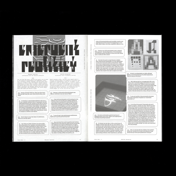 Title is set in a early version of Ferro Fraktur IV. Images show works from Bettina Comte, Rüdiger Schlömer and Jonathan Mak.