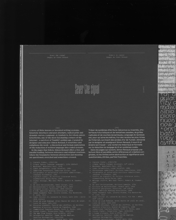 Title set in Grandmaster Thin. The right page shows both designs and inspirations from Simon Renaud.