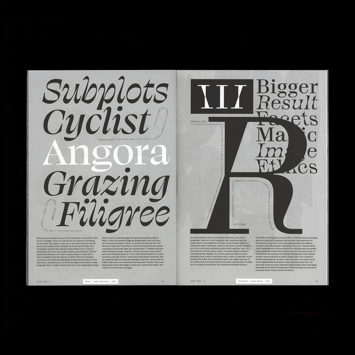 Left page features Ohno’s Swear. Right page features Bureau Brut’s Totentanz.