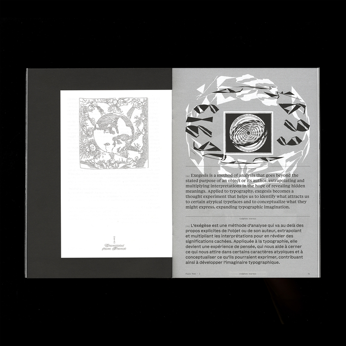 Title on the right page is set in heavily warped Jester Judgment (in black) and Jester Sun (in white).