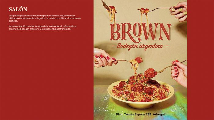 Logotype in poster images. Colors and graphic resources match with the logotype style, all of them emphasizing the Argentine food experience. The address is in Inter.