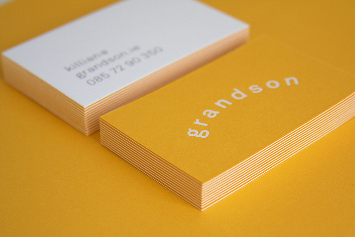 Business cards for Grandson.

Akkurat Light

270gsm Mohawk Navajo Brilliant White 
duplexed to 540gsm Colorplan Citrine.
White foil block branding on reverse.