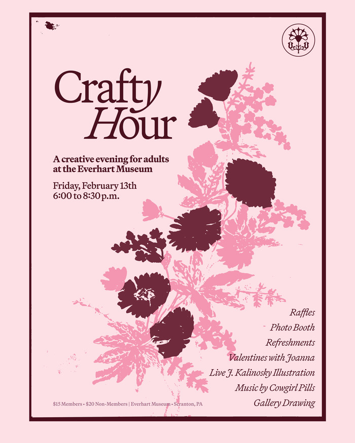 Poster for an upcoming event at the museum, with imagery taken from the museum's collection regarding folk art, floral paintings, and valentines.