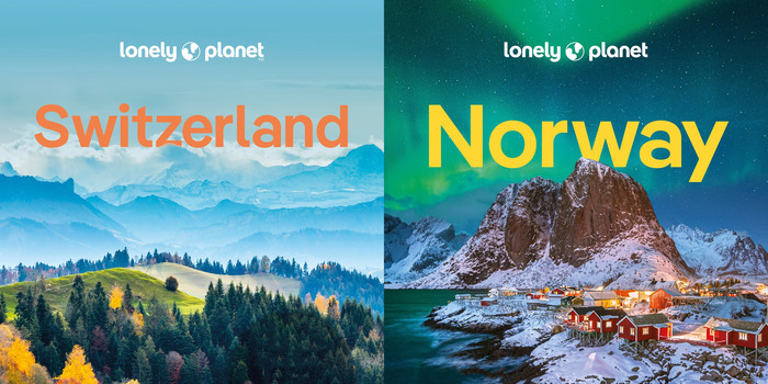 Cover pages (detail) of the Switzerland and Norway travel guides by Lonely Planet, set in Pangea SemiBold