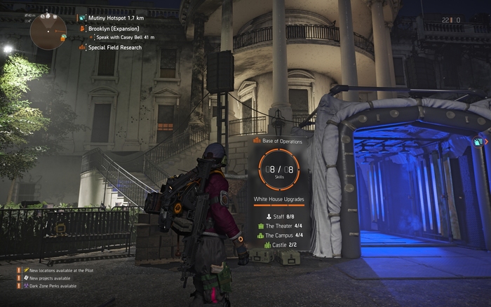Standing in front of the White House, which is the main hub of the game. Just like the first game, The Division 2 uses a mixture of 2D and 3D HUD elements that are projected onto the world.