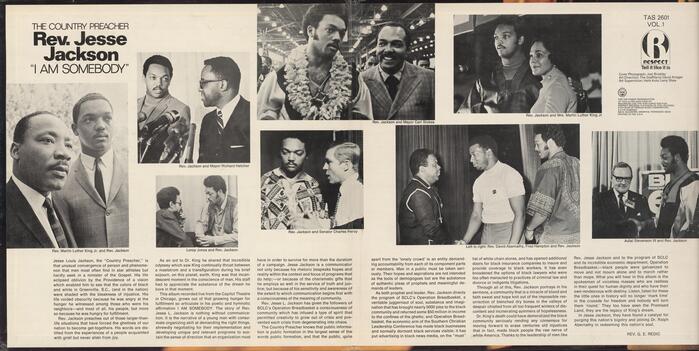 The gatefold shows photographs of Jackson together with several of his companions and fellow campaigners, including Martin Luther King Jr., his widow Coretta Scott King, as well as Richard G. Hatcher and Carl Stokes, the first elected African-American mayors of Gary, Indiana, and Cleveland, Ohio, respectively. The liner notes by Rev. G.E. Redic are set in Helvetica, and the credits at the top right in .