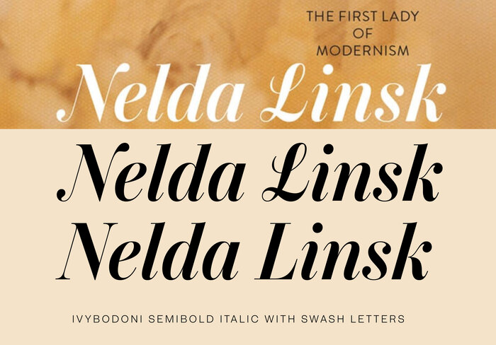 This image shows the name of the cover (top) compared to a resetting in IvyBodoni Semibold Italic with swash letters (center). For reference, the typeface is shown with standard caps below.