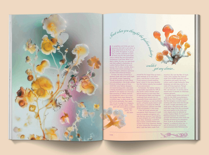 The text on this page is set in three columns of pink , with the headline added in , partly arranged on a curve. The drop cap appears to be custom.