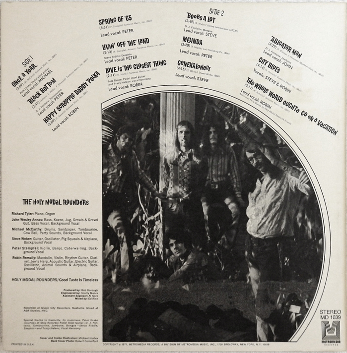  is used for the song names on the back cover. The liner photo is by Robert Comerford.