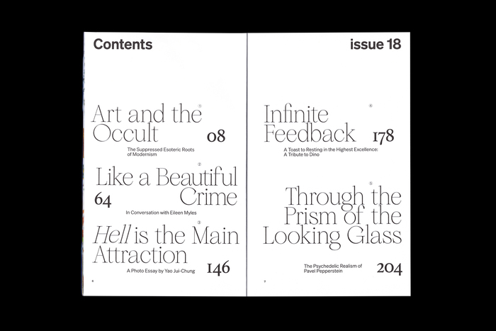 Table of contents, set in ,  and 